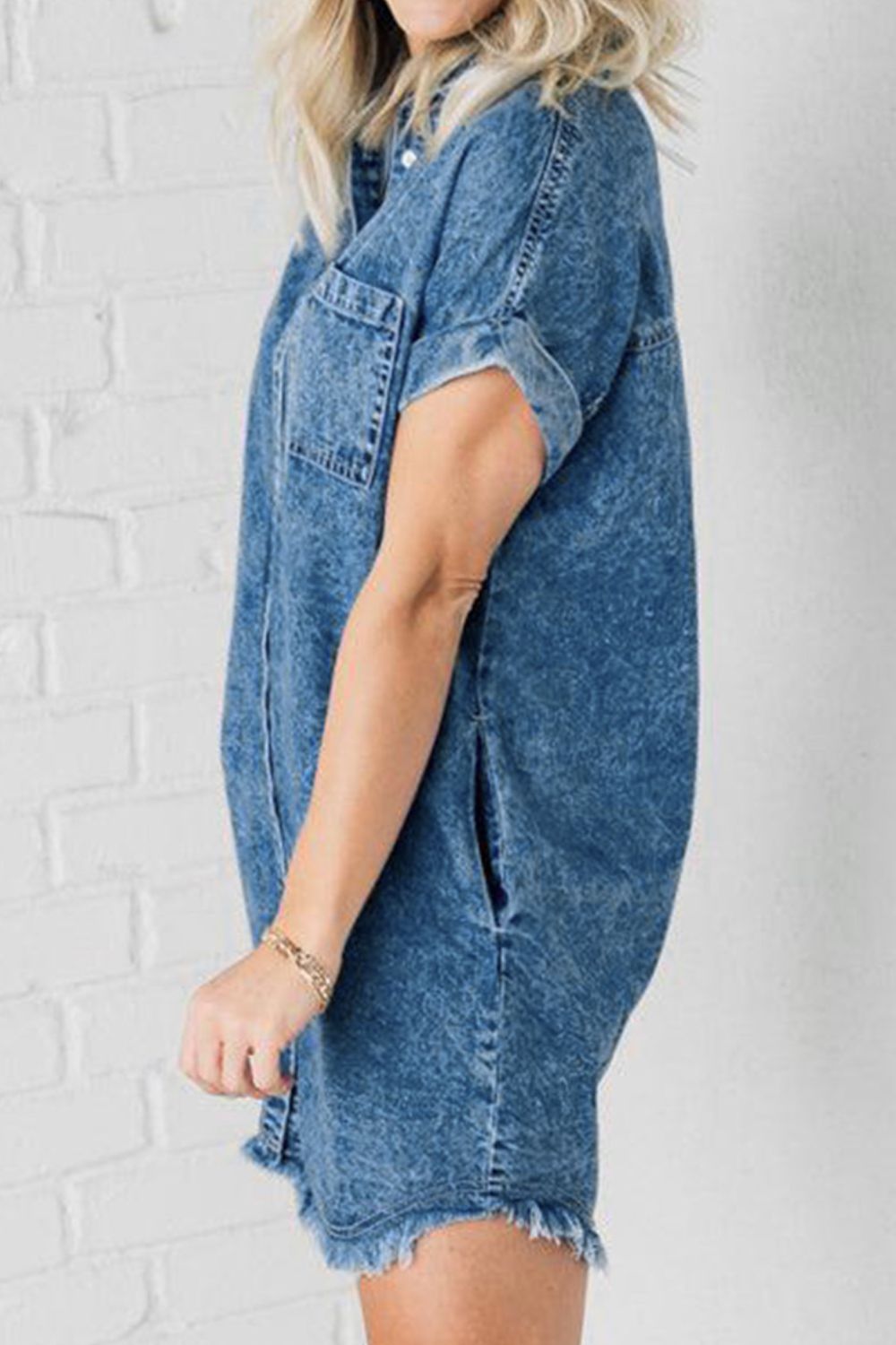 Raw Hem Pocketed Cap Sleeve Denim Dress-TOPS / DRESSES-[Adult]-[Female]-2022 Online Blue Zone Planet