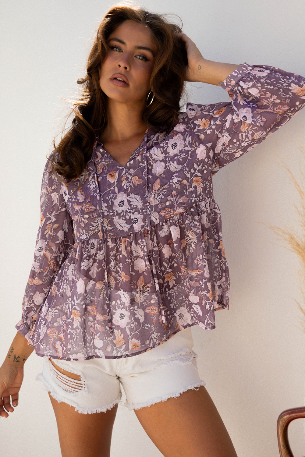 Blue Boho Flower Print 3/4 Sleeve Babydoll Blouse-Tops/Blouses & Shirts-[Adult]-[Female]-2022 Online Blue Zone Planet