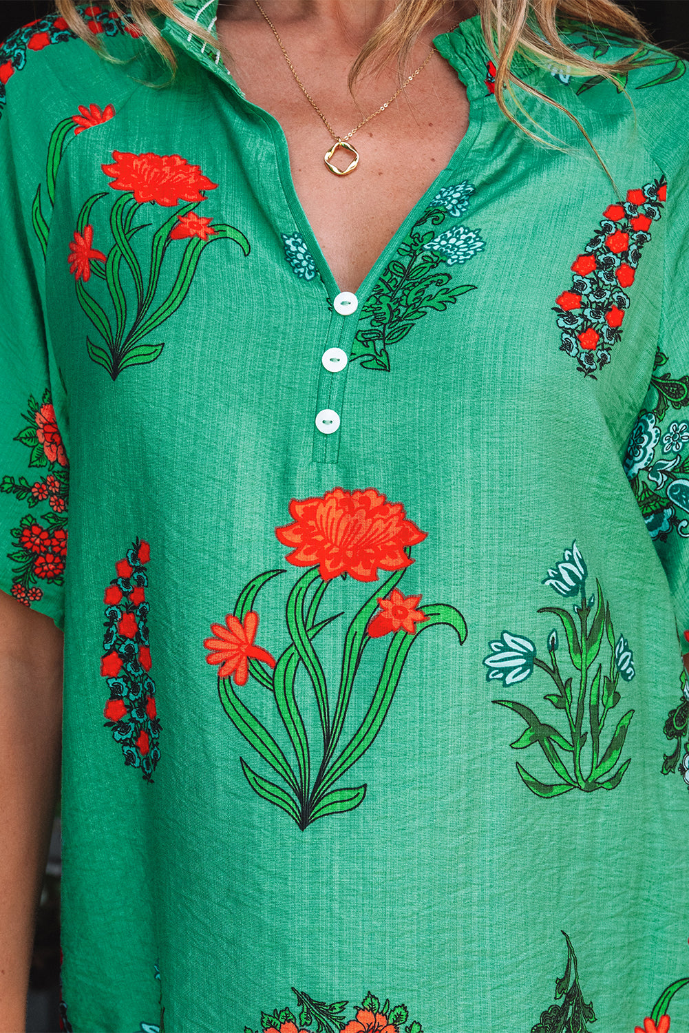 Bright Green Floral Print Buttoned V Neck Short Sleeve Blouse-Tops/Blouses & Shirts-[Adult]-[Female]-2022 Online Blue Zone Planet