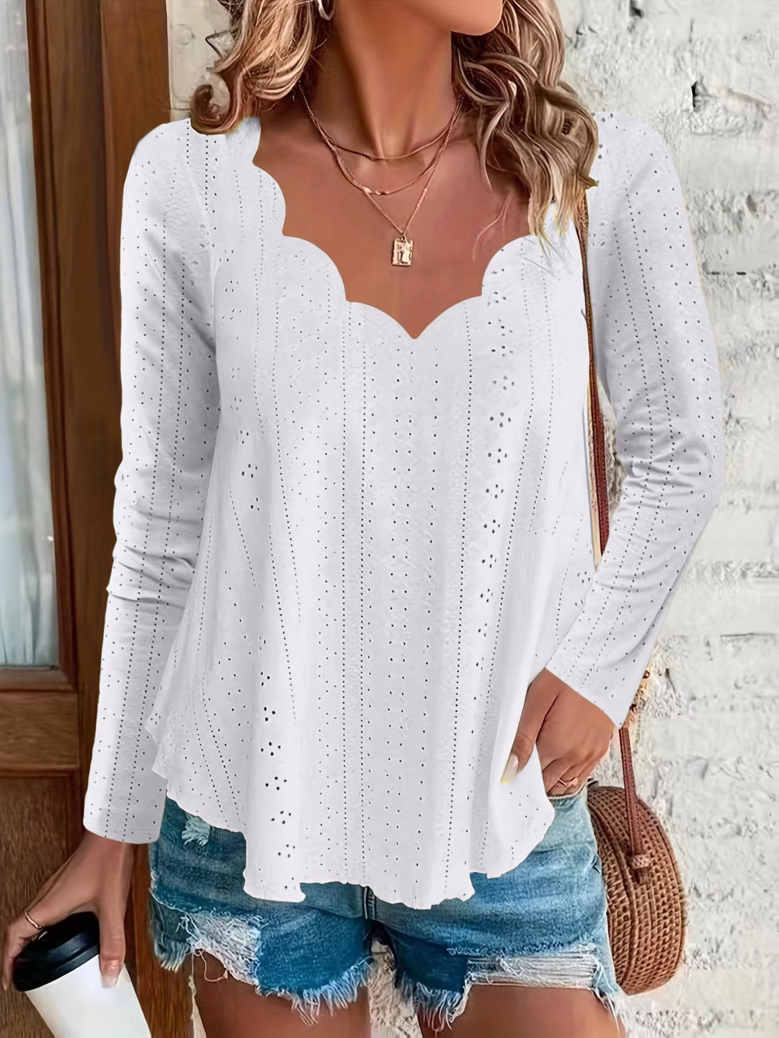 Eyelet Long Sleeve Blouse-TOPS / DRESSES-[Adult]-[Female]-White-S-2022 Online Blue Zone Planet