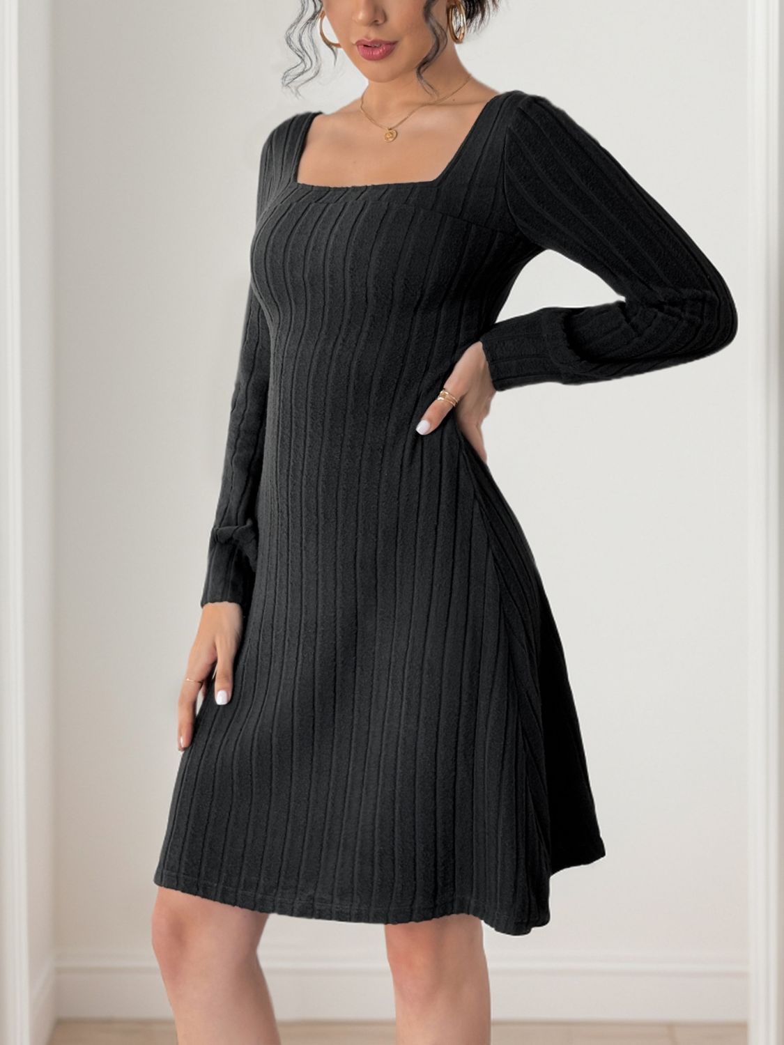 Perfee Butterfly Square Neck Long Sleeve Dress-TOPS / DRESSES-[Adult]-[Female]-2022 Online Blue Zone Planet