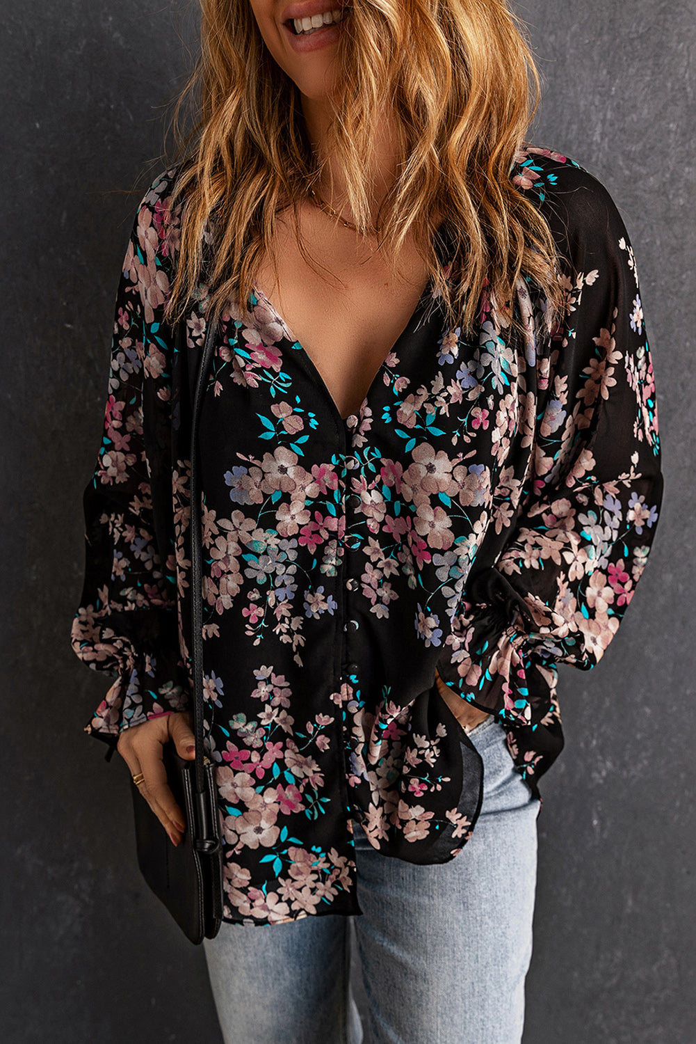 Black Wildflower Print Chiffon Blouse-Tops/Blouses & Shirts-[Adult]-[Female]-2022 Online Blue Zone Planet