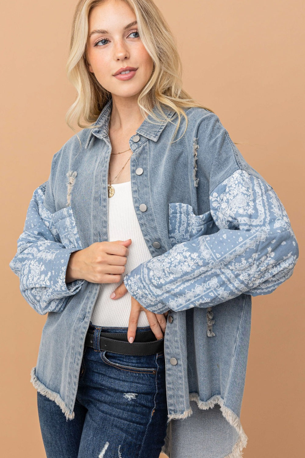 And The Why Full Size Paisley Print Quilted Sleeves Denim Jacket-TOPS / DRESSES-[Adult]-[Female]-2022 Online Blue Zone Planet