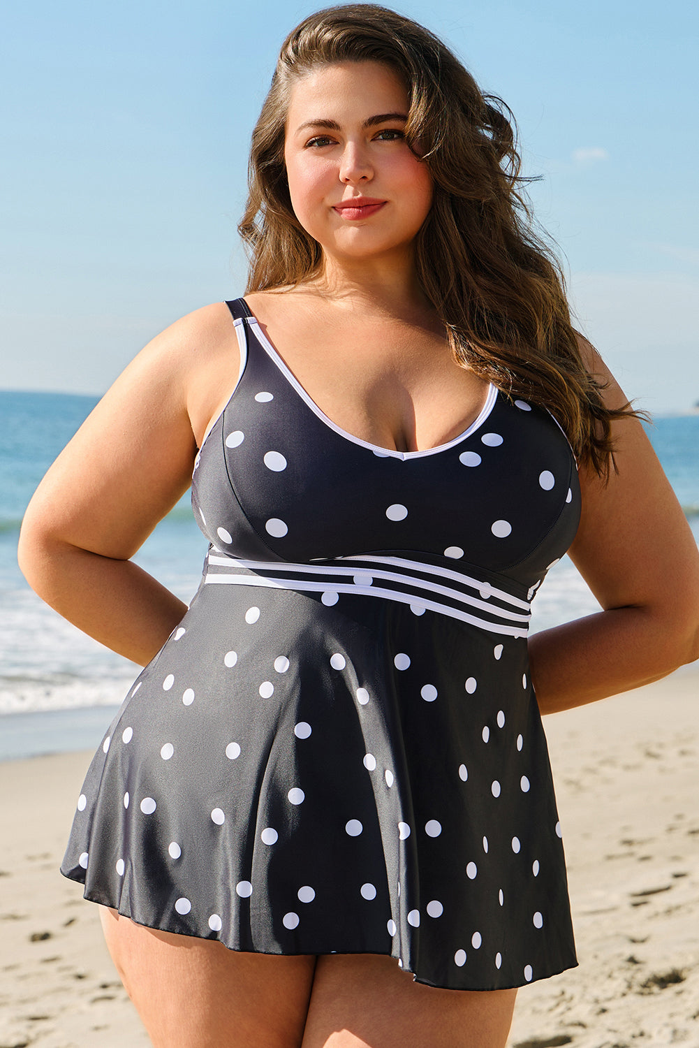 Black Polka Dot/Colorblock Trim V Neck Plus Size Swim Dress-TOPS / DRESSES-[Adult]-[Female]-2022 Online Blue Zone Planet