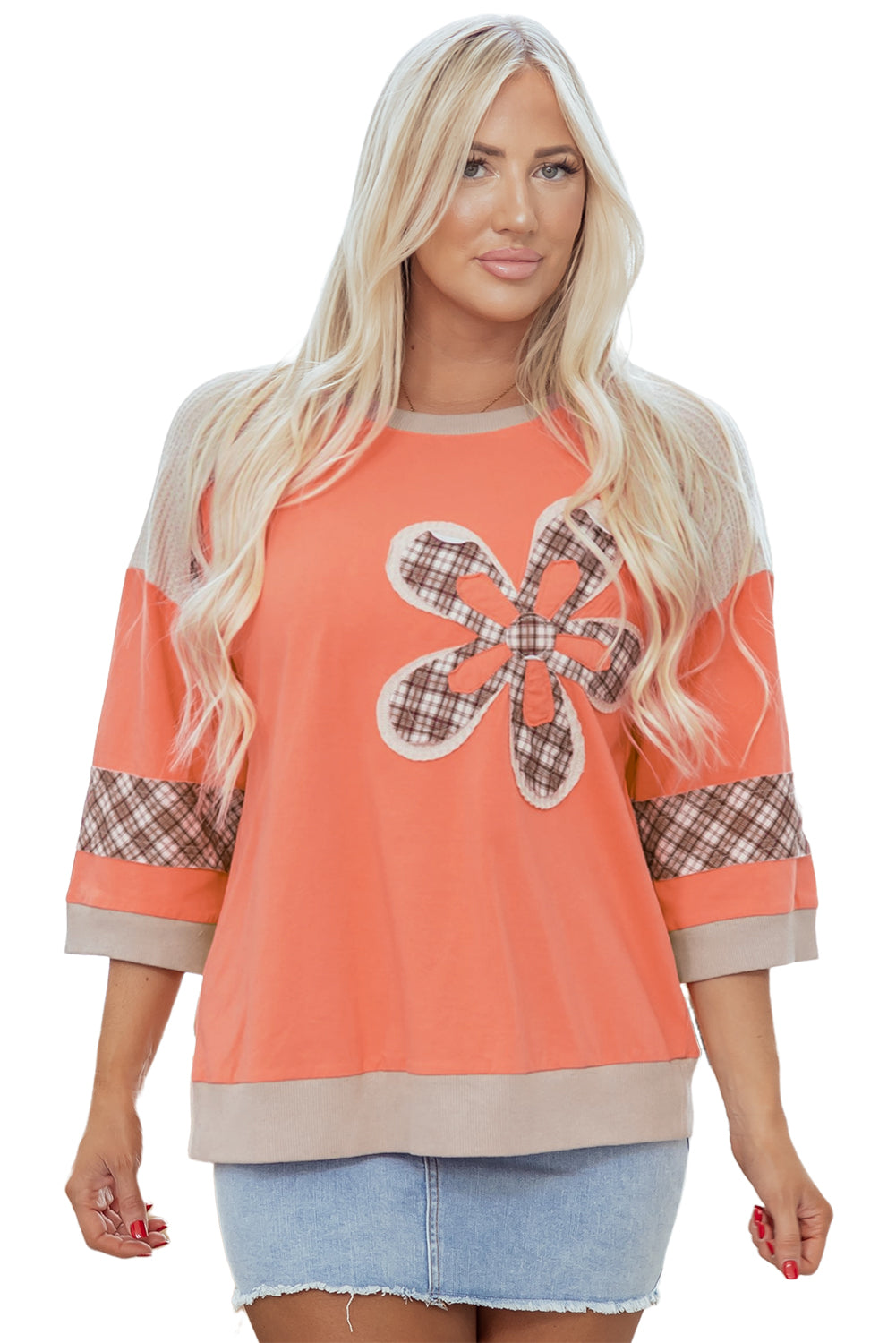 Grapefruit Orange Plaid Waffle Flower Patchwork Bracelet Sleeve Top-Bracelet-[Adult]-[Female]-2022 Online Blue Zone Planet
