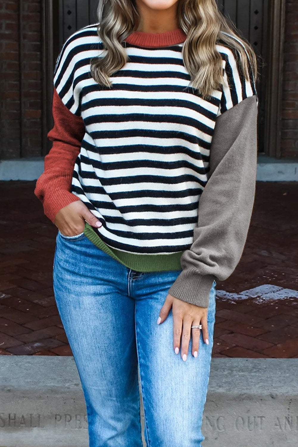 Gray Striped Panels Colorblock Sleeve Chic Sweater-TOPS / DRESSES-[Adult]-[Female]-Gray-S-2022 Online Blue Zone Planet