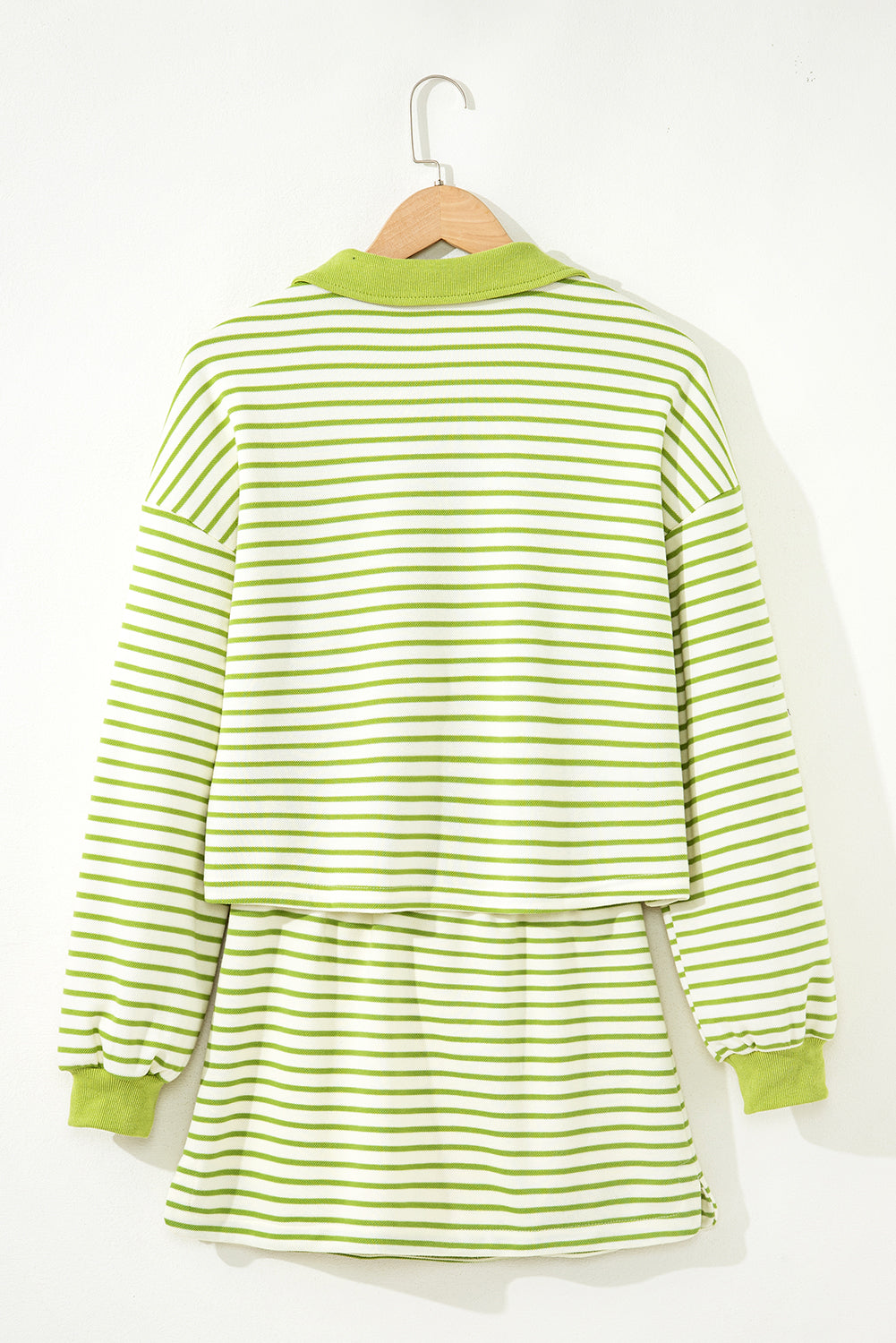 Green Stripe Collared V Neck Drop Shoulder Pullover and Skort 2pcs Outfit-Two Piece Sets/Two Piece Dresses-[Adult]-[Female]-2022 Online Blue Zone Planet