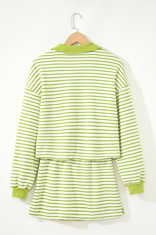 Green Stripe Collared V Neck Drop Shoulder Pullover and Skort 2pcs Outfit-Two Piece Sets/Two Piece Dresses-[Adult]-[Female]-2022 Online Blue Zone Planet