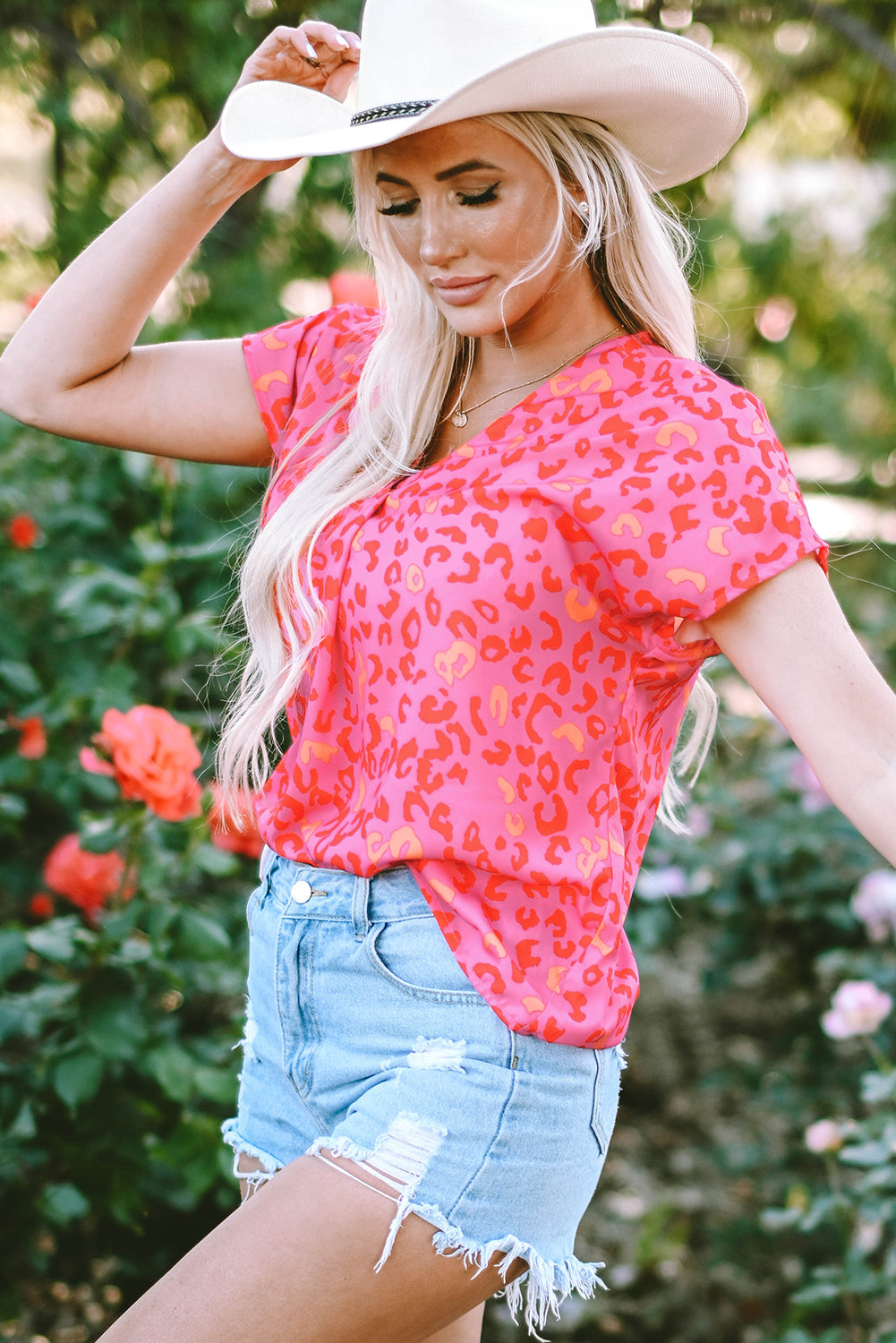 Pink Leopard V Neck Short Sleeve Blouse-Tops/Blouses & Shirts-[Adult]-[Female]-2022 Online Blue Zone Planet