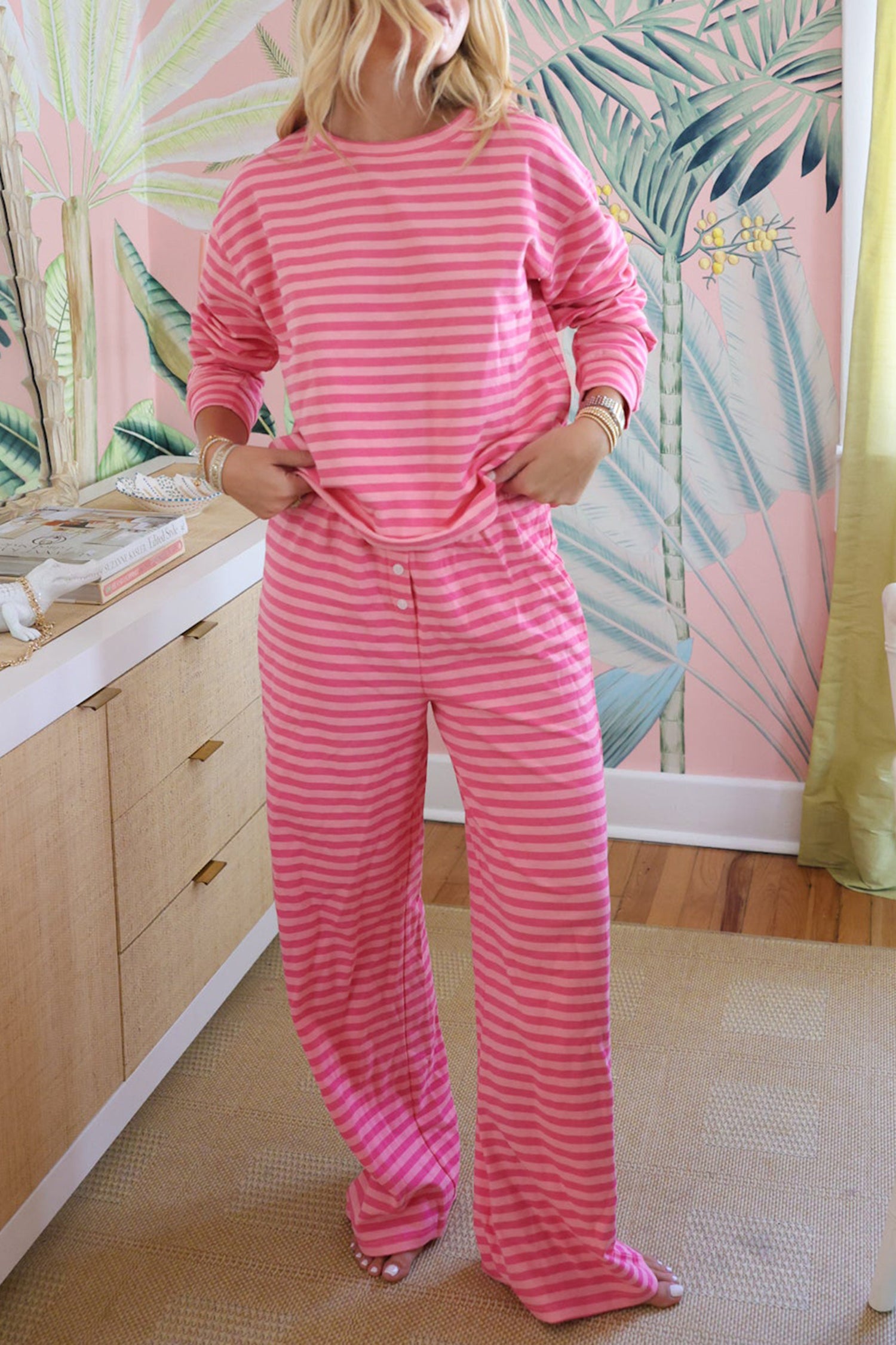 Rose Stripe Drop Shoulder Round Neck Top and Buttoned Straight Pants Two Piece Set-Two Piece Sets/Pant Sets-[Adult]-[Female]-Rose Stripe-S-2022 Online Blue Zone Planet