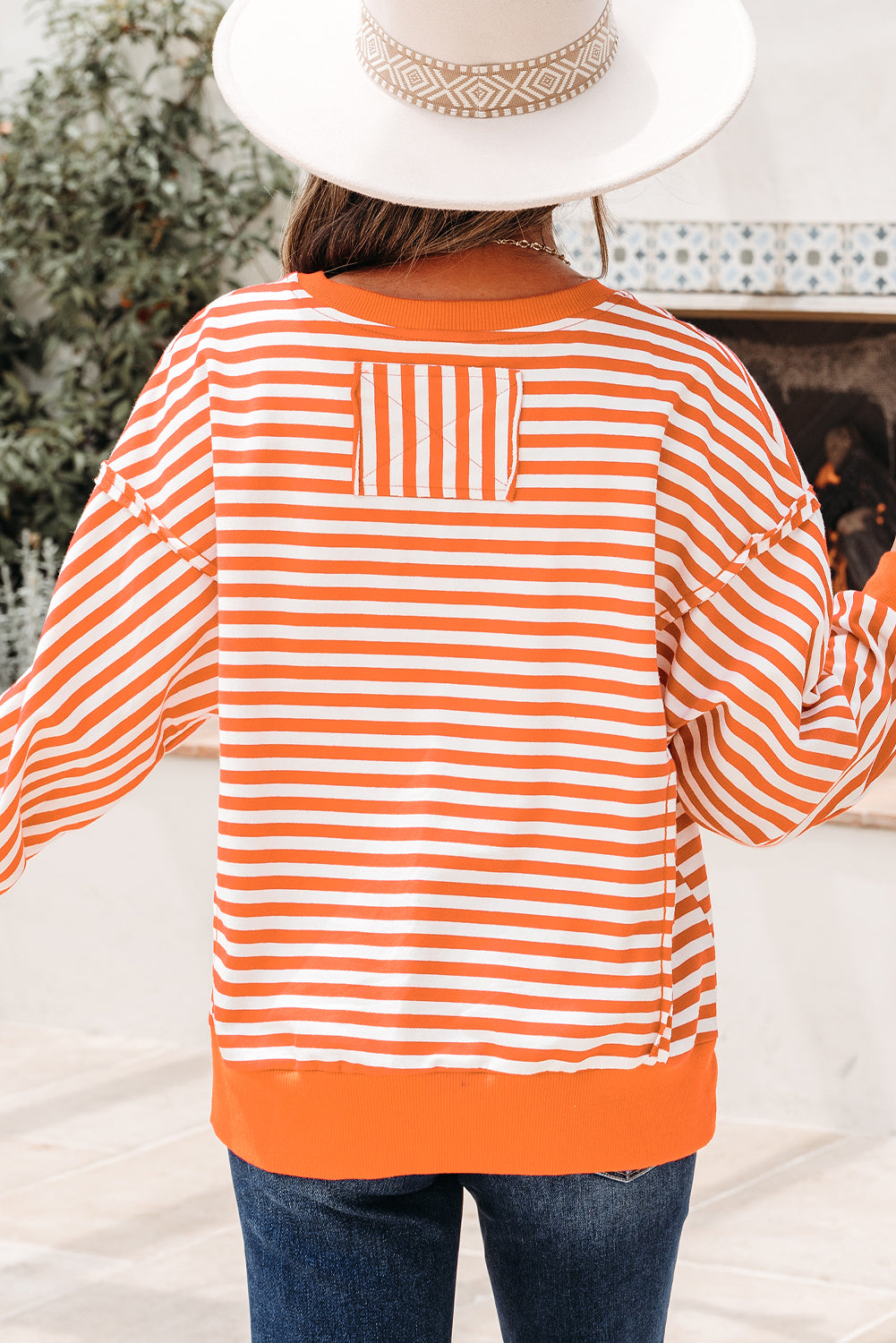 Orange Stripe Exposed Seam Drop Shoulder Casual Pullover Top-Tops/Long Sleeve Tops-[Adult]-[Female]-2022 Online Blue Zone Planet