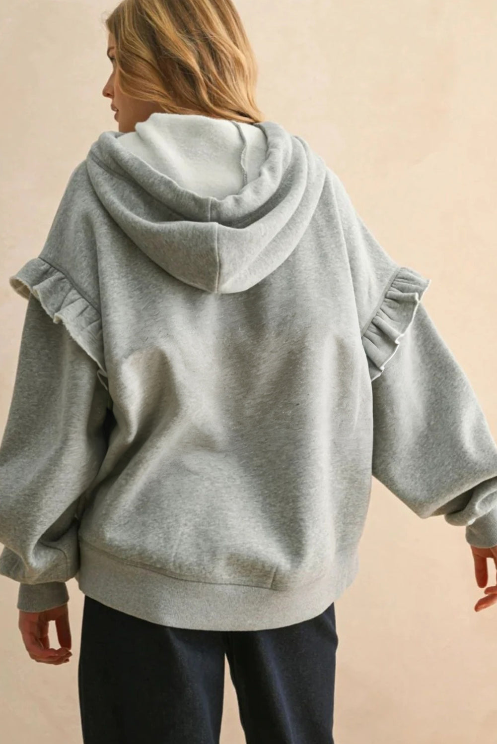 Gray Contrast Rope Drawstring Ruffle Trim Drop Shoulder Baggy Hoodie-Tops / Dresses-[Adult]-[Female]-2022 Online Blue Zone Planet