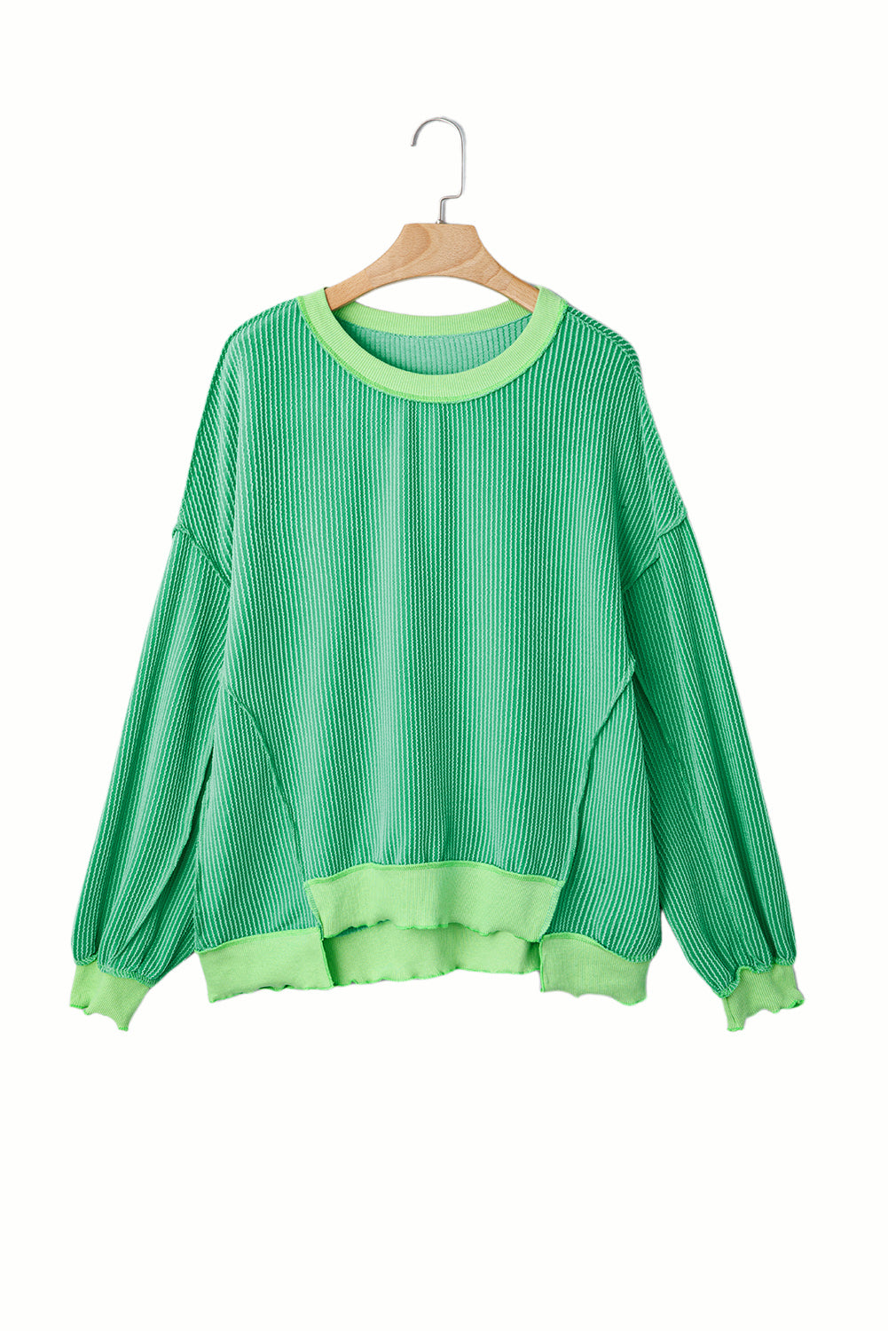 Bright Green Twisted Rib Uneven Hem Drop Shoulder Loose Knit Top-Tops/Long Sleeve Tops-[Adult]-[Female]-2022 Online Blue Zone Planet