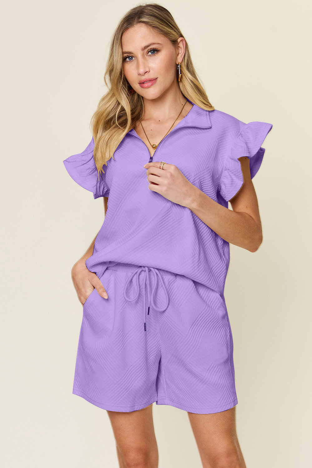 Blue Zone Planet | Double Take Full Size Texture Flounce Sleeve Top and Drawstring Shorts Set-TOPS / DRESSES-[Adult]-[Female]-Lavender-S-2022 Online Blue Zone Planet