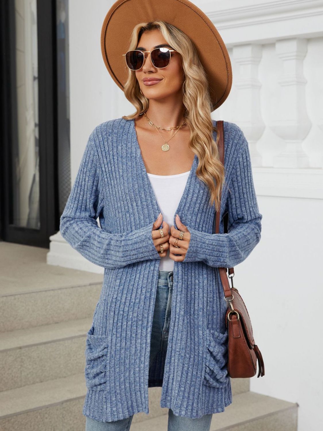 Blue Zone Planet | Pocketed Open Front Long Sleeve Cardigan-TOPS / DRESSES-[Adult]-[Female]-Dusty Blue-S-2022 Online Blue Zone Planet