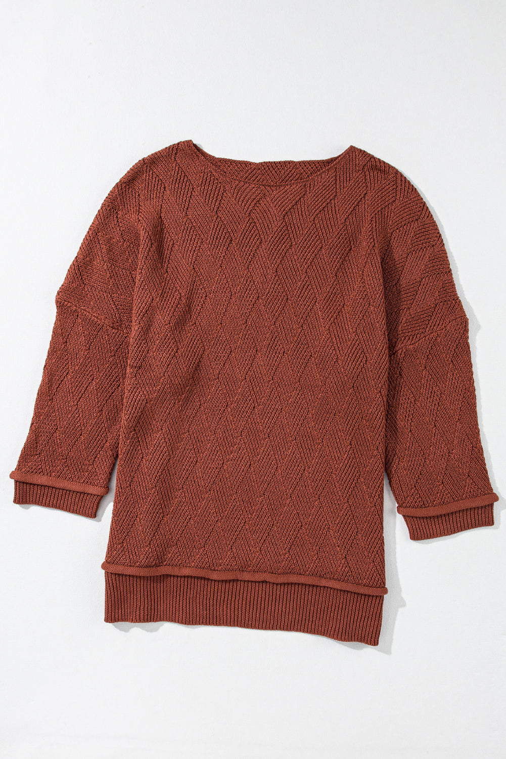 Gold Flame Solid Color Textured Crew Neck Loose Sweater-TOPS / DRESSES-[Adult]-[Female]-2022 Online Blue Zone Planet