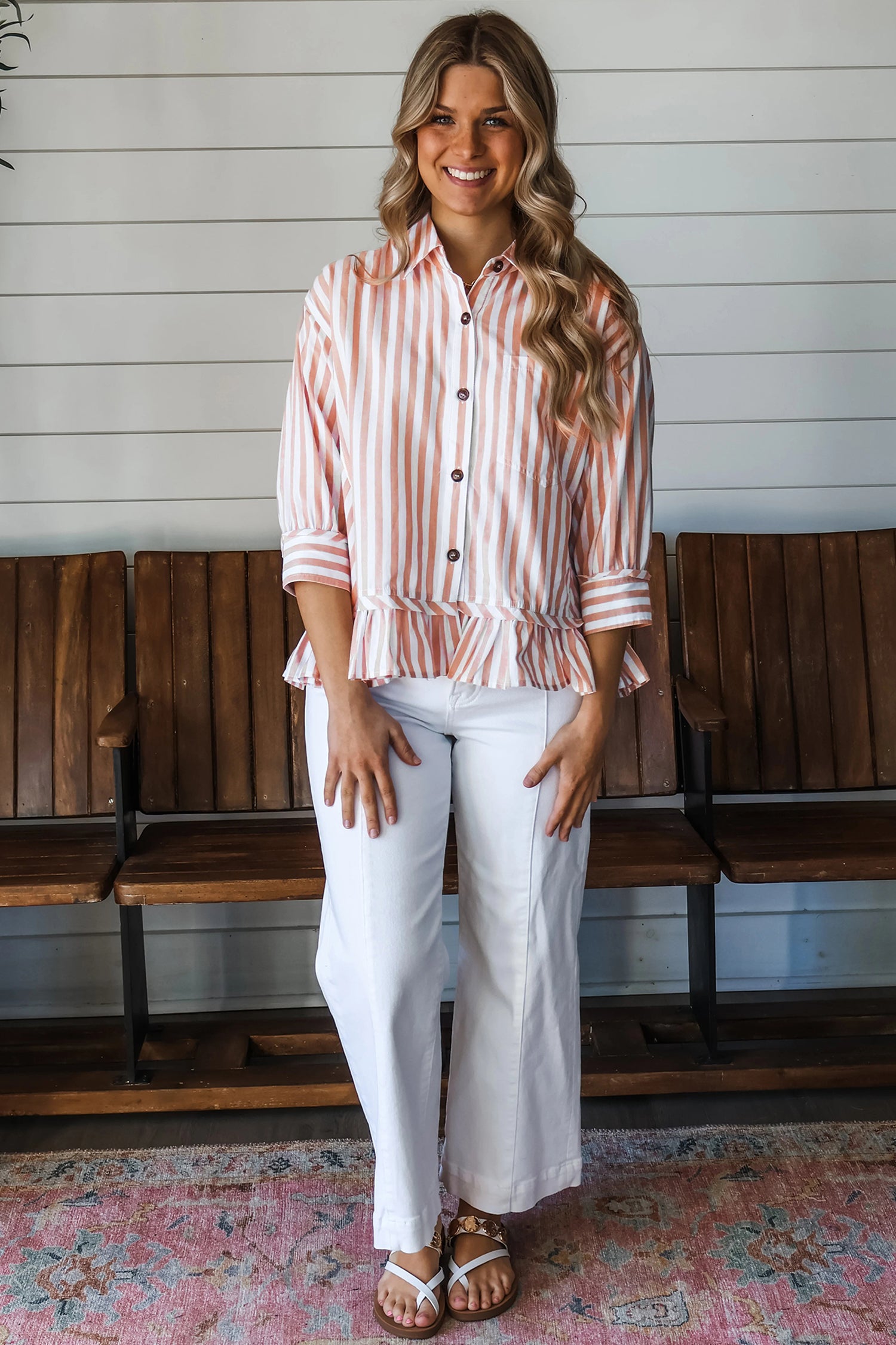 Khaki Stripe Button Front Ruffle Hem Bracelet Sleeve Shirt-Tops/Blouses & Shirts-[Adult]-[Female]-2022 Online Blue Zone Planet