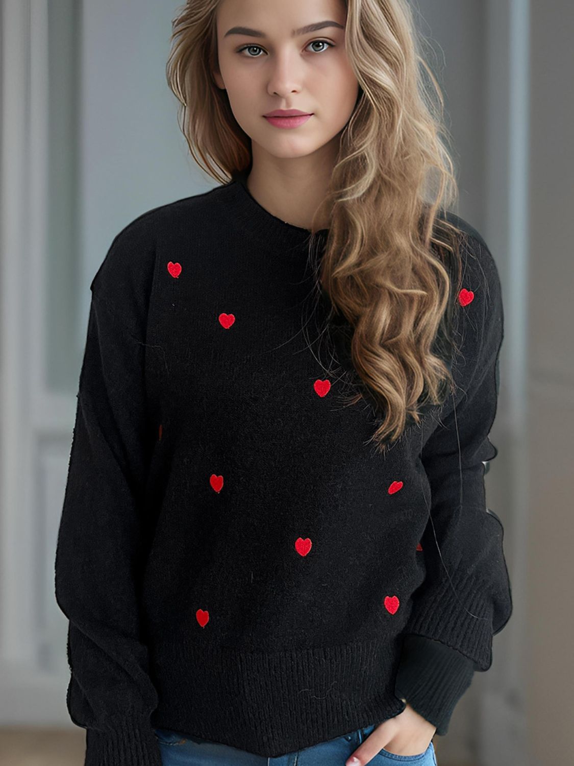 Heart Round Neck Long Sleeve Sweater-TOPS / DRESSES-[Adult]-[Female]-2022 Online Blue Zone Planet