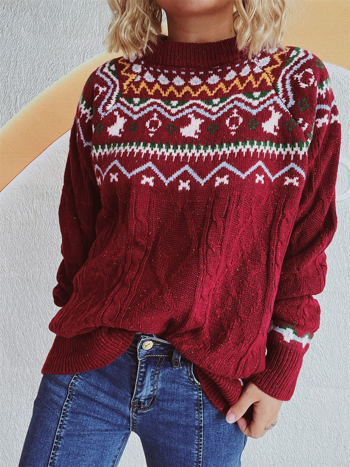 Cable-Knit Mock Neck Long Sleeve Sweater-TOPS / DRESSES-[Adult]-[Female]-Burgundy-One Size-2022 Online Blue Zone Planet