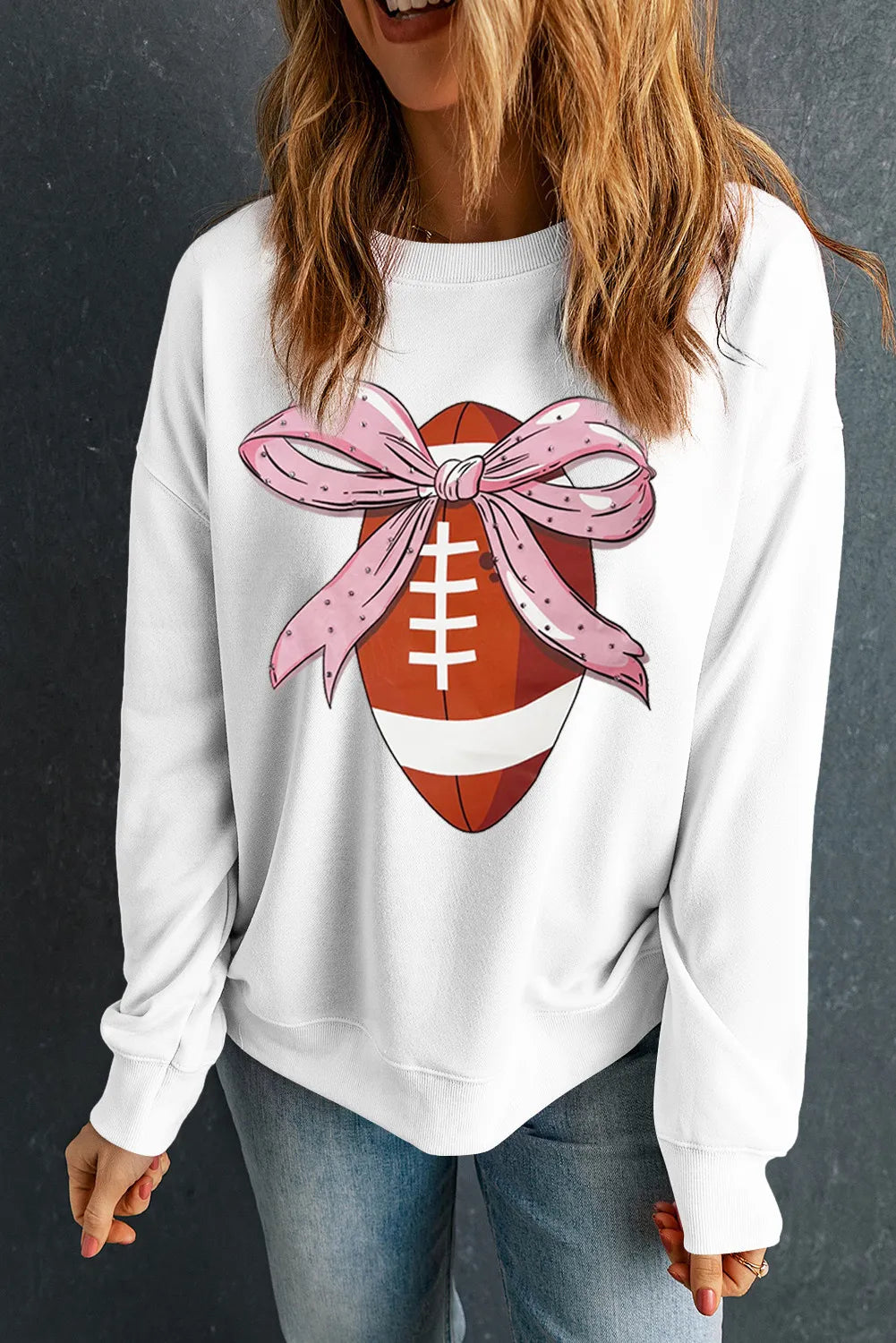 Football Round Neck Long Sleeve Sweatshirt-TOPS / DRESSES-[Adult]-[Female]-White-S-2022 Online Blue Zone Planet