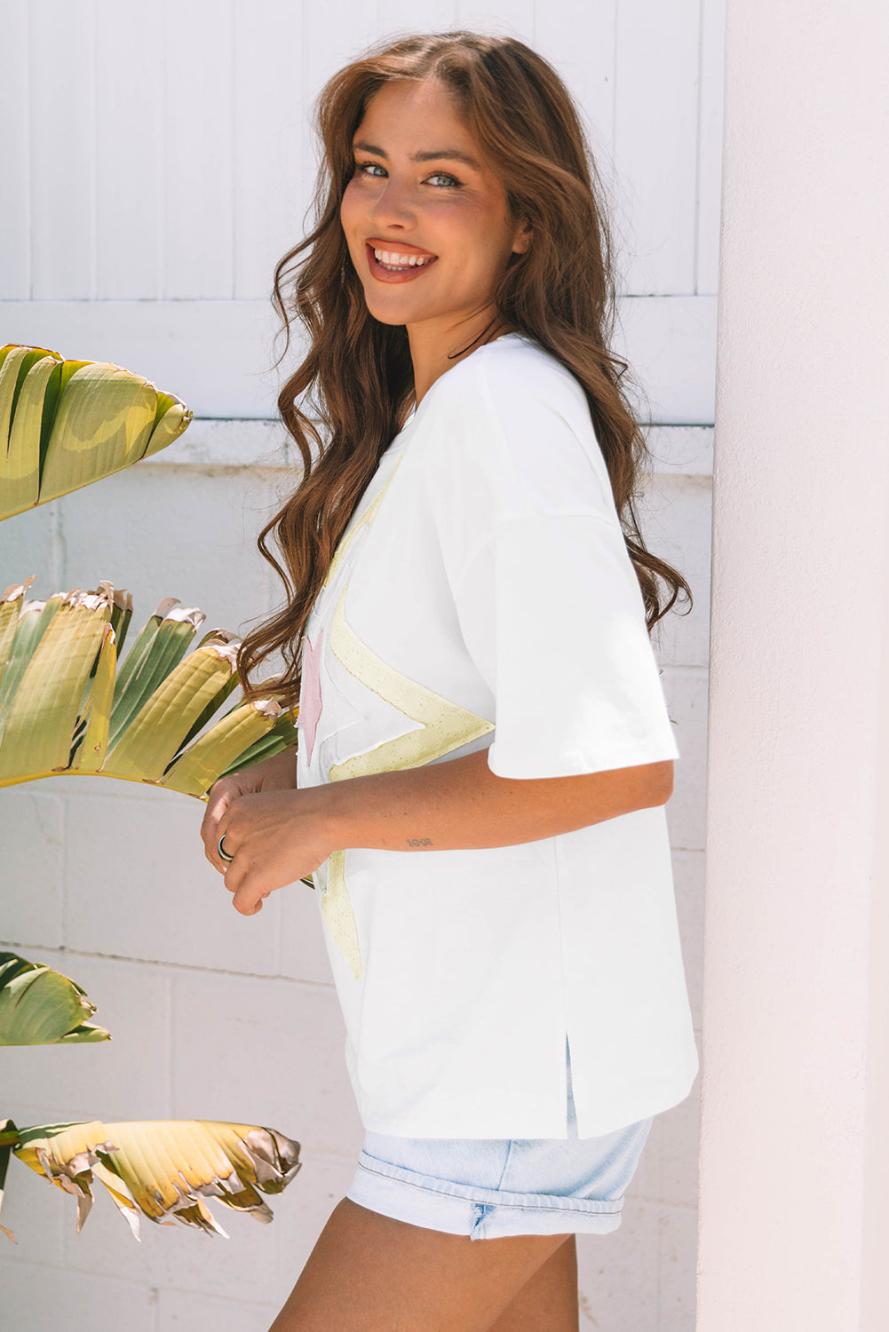 White Star Layered Patched Graphic Drop Shoulder Half Sleeve Loose Tee-Tops/Tops & Tees-[Adult]-[Female]-2022 Online Blue Zone Planet