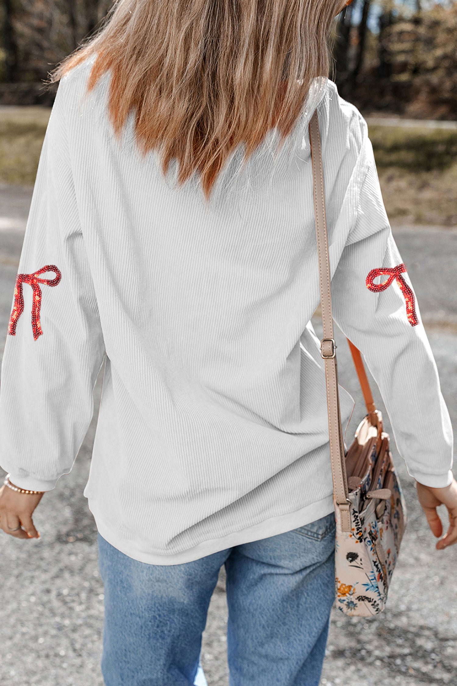 White Sequin Ribbon Bow XOXO Heart Patched Corded Rib Pullover Sweatshirt-Graphic Sweatshirts-[Adult]-[Female]-2022 Online Blue Zone Planet