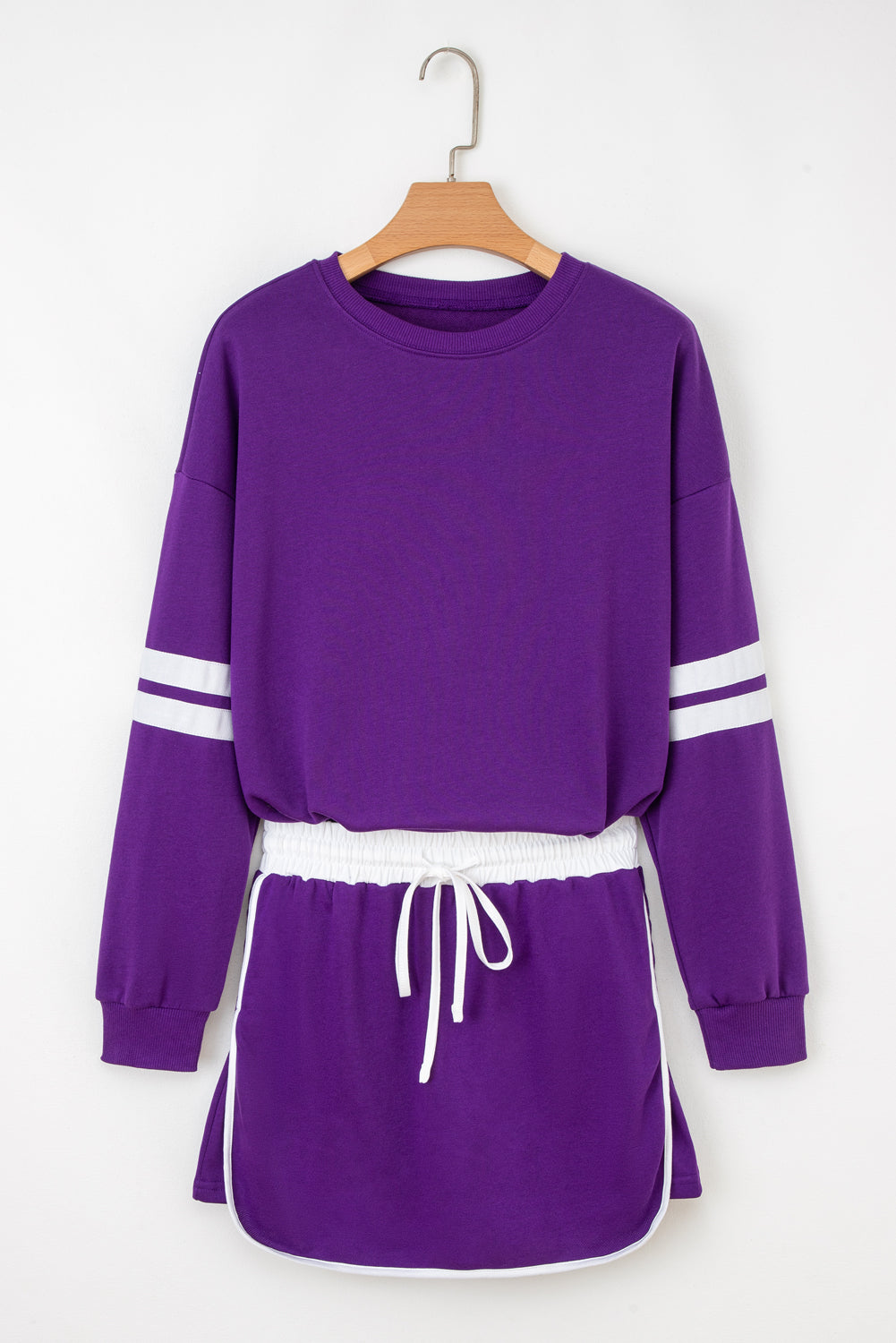 Tillandsia Purple Varsity Stripe Detail Drop Shoulder Pullover Mini Skirt Set-Two Piece Sets/Two Piece Dresses-[Adult]-[Female]-2022 Online Blue Zone Planet