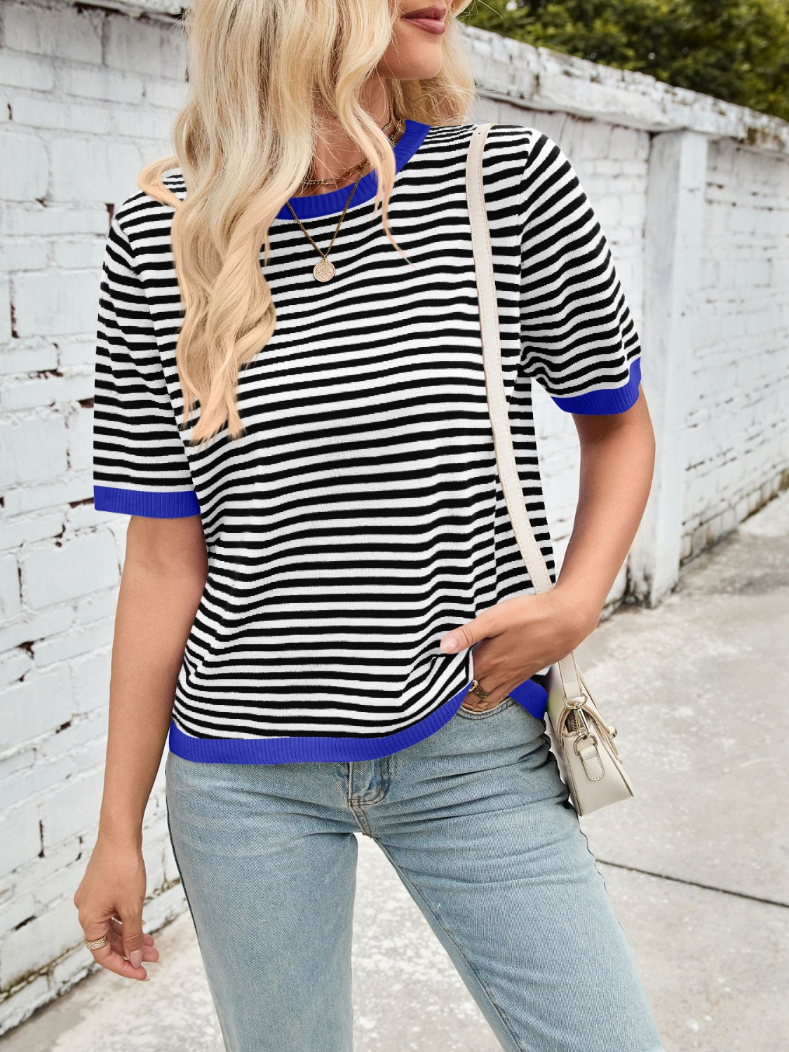 Lovelet Striped Contrast Round Neck Half Sleeve Knit Top-TOPS / DRESSES-[Adult]-[Female]-2022 Online Blue Zone Planet