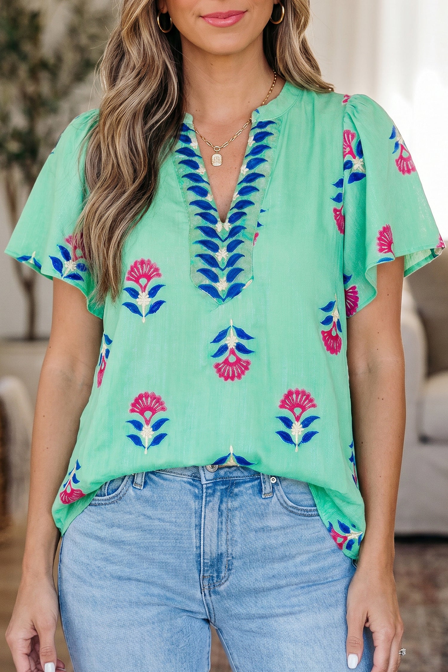Green Floral V Neck Flutter Sleeve Blouse-Tops/Blouses & Shirts-[Adult]-[Female]-Green-S-2022 Online Blue Zone Planet