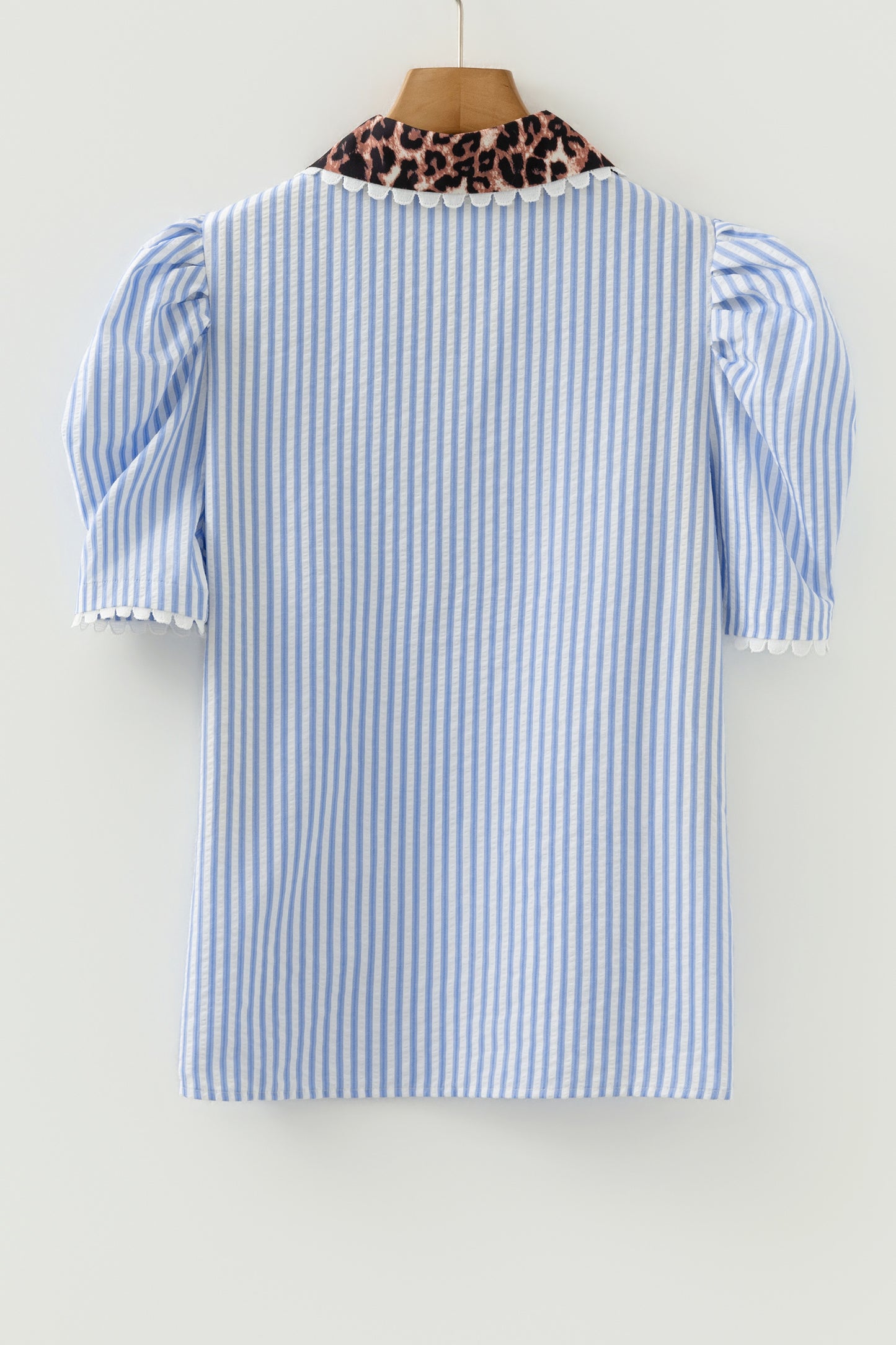 Sky Blue Stripe Ricrac Trim Short Puff Sleeve Leopard Patchwork Collar V Neck Blouse-Tops/Blouses & Shirts-[Adult]-[Female]-2022 Online Blue Zone Planet