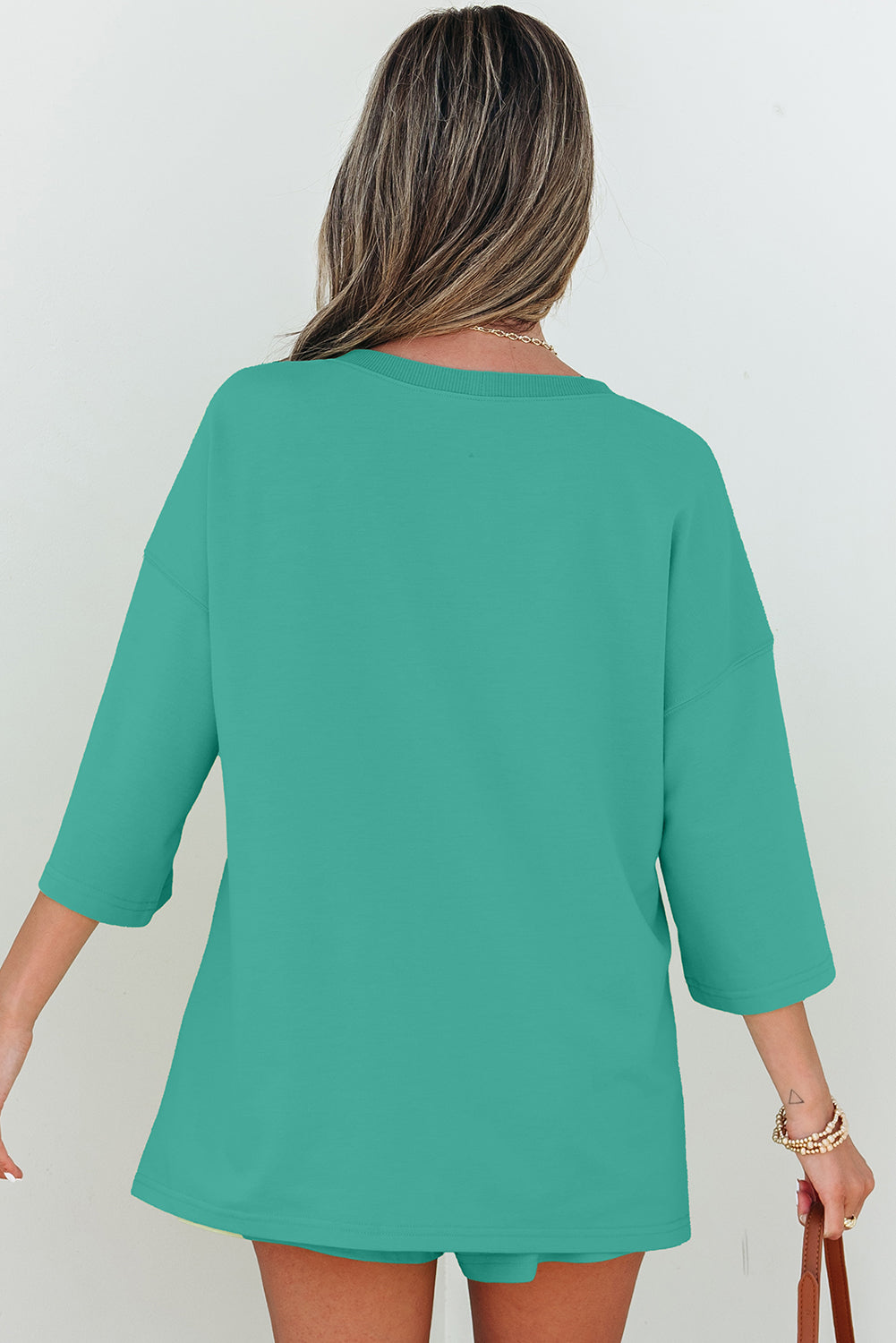 Sea Green Solid Loose V Neck Half Sleeve Tee and Shorts-Two Piece Sets/Short Sets-[Adult]-[Female]-2022 Online Blue Zone Planet
