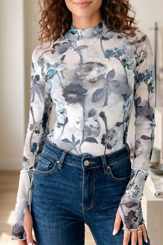 Sky Blue Floral Mesh High Neck Long Sleeve Sheath Top-Tops/Long Sleeve Tops-[Adult]-[Female]-Sky Blue-S-2022 Online Blue Zone Planet