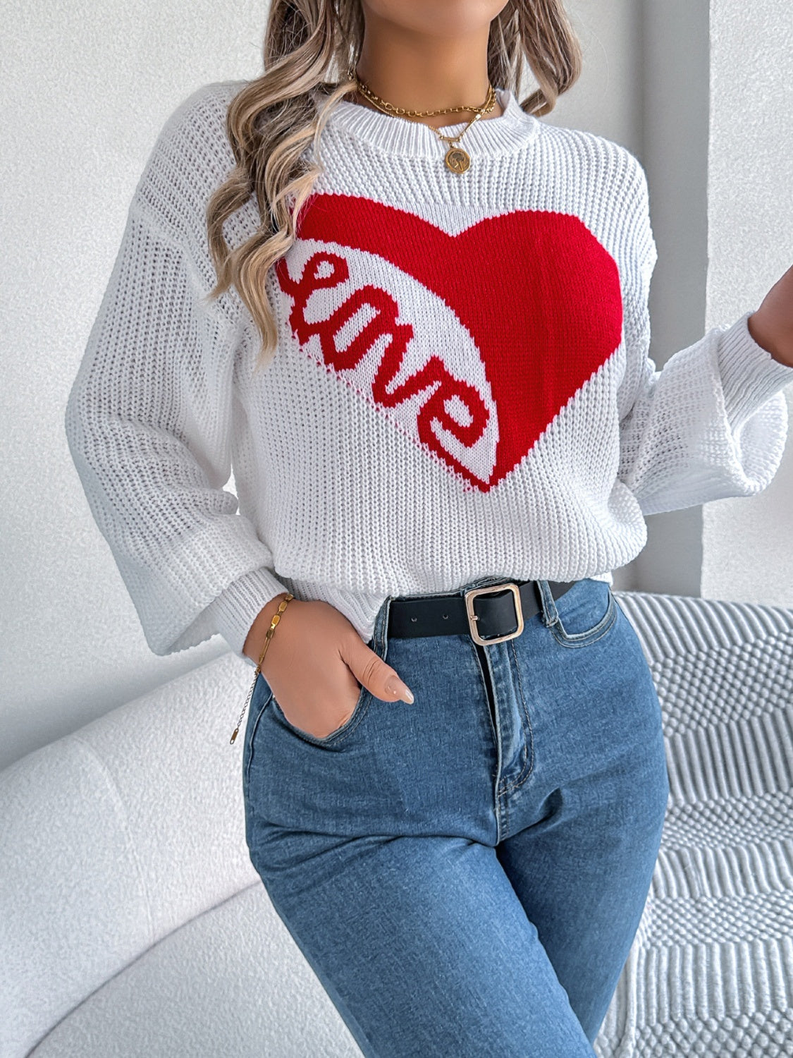 Blue Zone Planet | LOVE Heart Round Neck Dropped Shoulder Sweater-TOPS / DRESSES-[Adult]-[Female]-2022 Online Blue Zone Planet