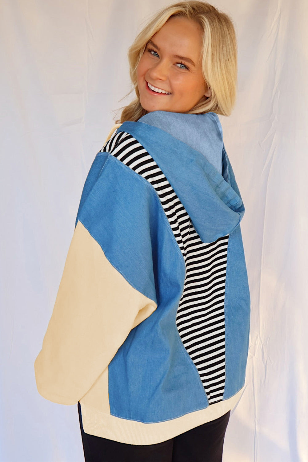 Black Stripe Denim Color Block Quarter Zip Baggy Drawstring Hoodie-Tops/Sweatshirts & Hoodies-[Adult]-[Female]-2022 Online Blue Zone Planet