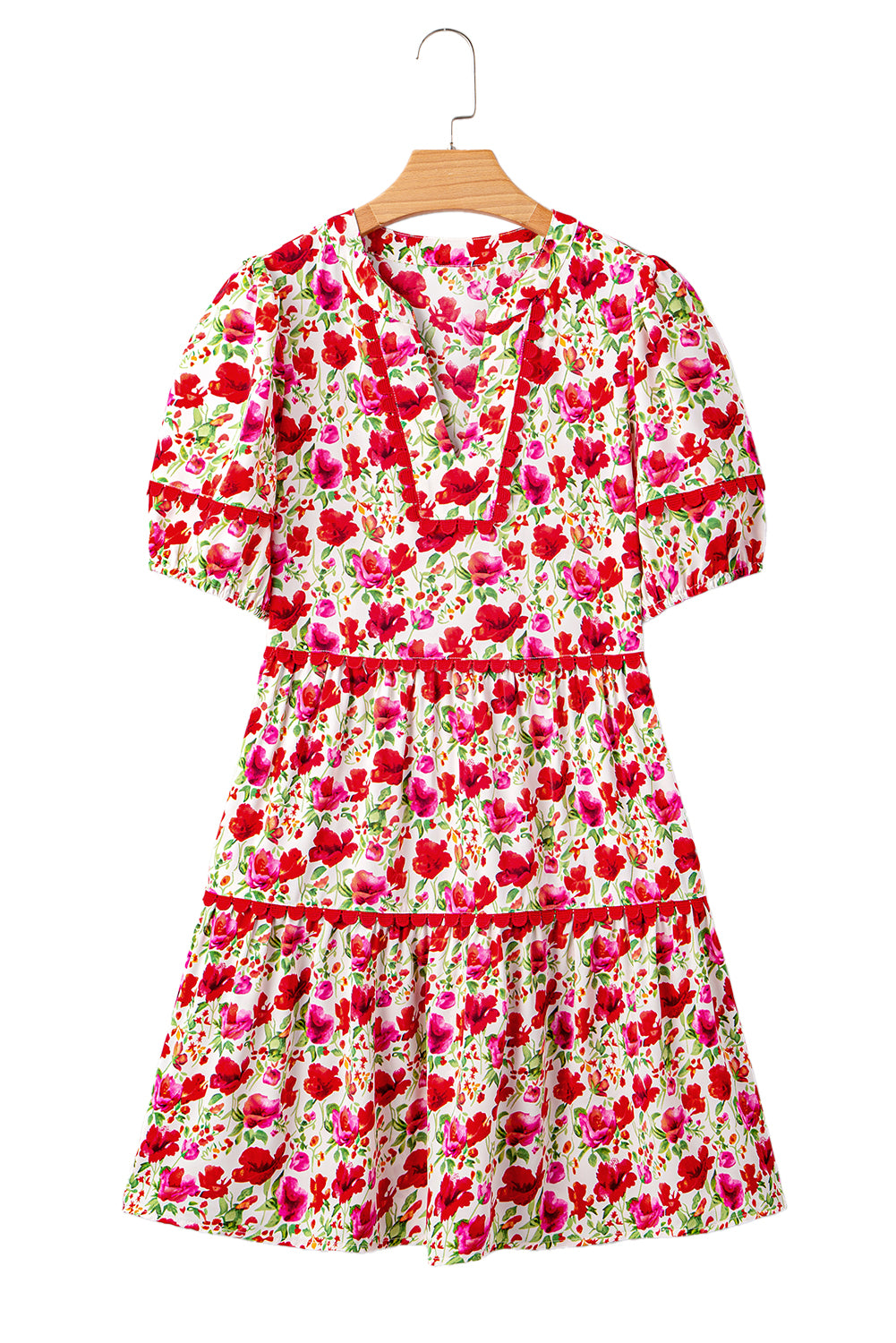 Red Floral Puff Sleeve Tiered Ric Rac Pocketed Mini Dress-TOPS / DRESSES-[Adult]-[Female]-2022 Online Blue Zone Planet