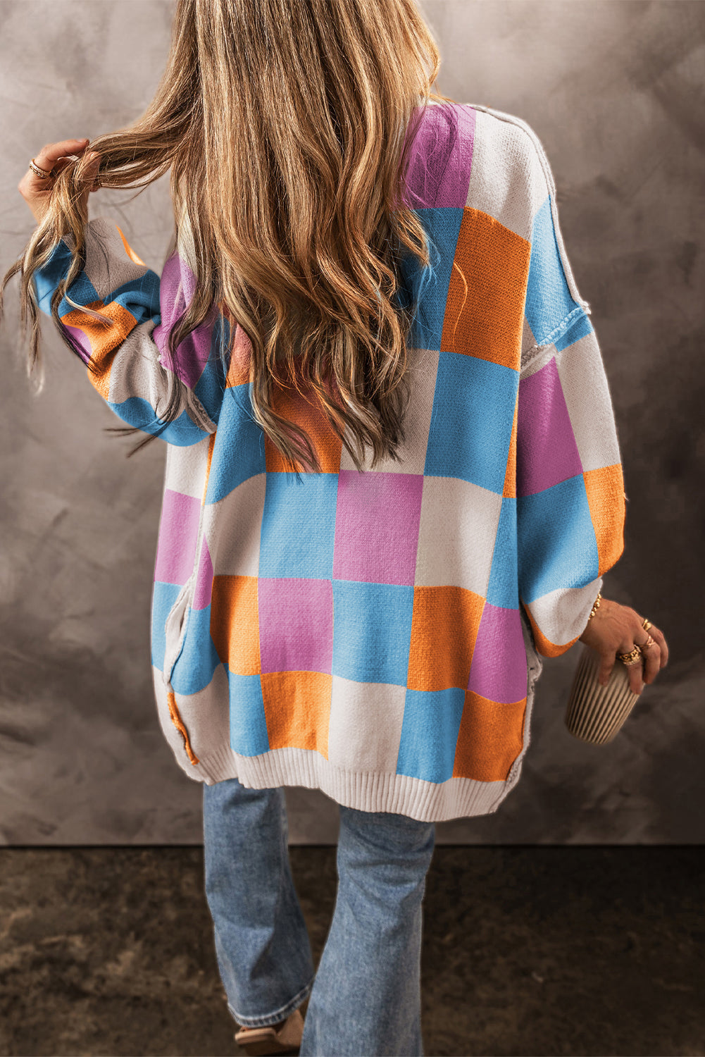 Blue Zone Planet | Orange Checkered Drop Shoulder Exposed Seam Open Front Cardigan-Cardigans-[Adult]-[Female]-2022 Online Blue Zone Planet