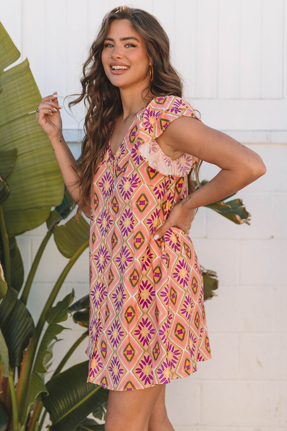 Orange Geometric Floral V Neck Buttoned Ruffled Sleeve Mini Dress-Dresses/Mini Dresses-[Adult]-[Female]-2022 Online Blue Zone Planet