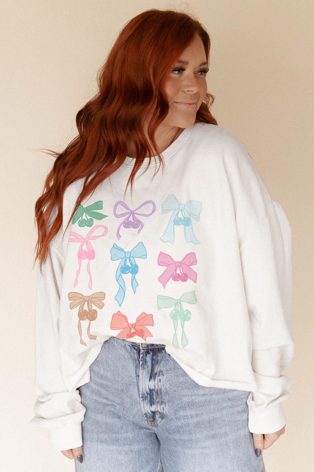 White Bowknot Pattern Drop Shoulder Loose Sweatshirt-Tops/Sweatshirts & Hoodies-[Adult]-[Female]-2022 Online Blue Zone Planet