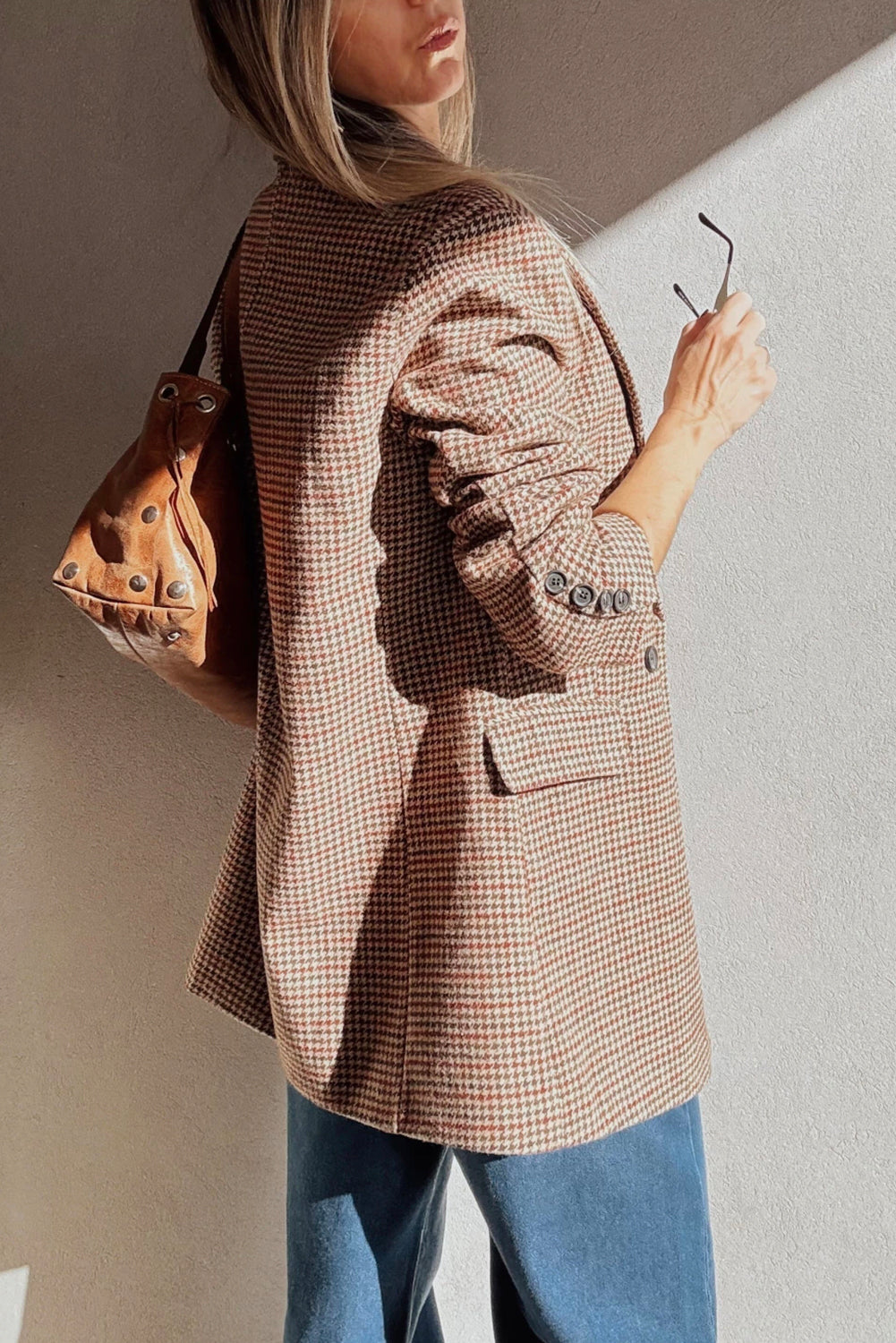 Brown Houndstooth Lapel Collar Blazer-Outerwear/Blazers-[Adult]-[Female]-2022 Online Blue Zone Planet