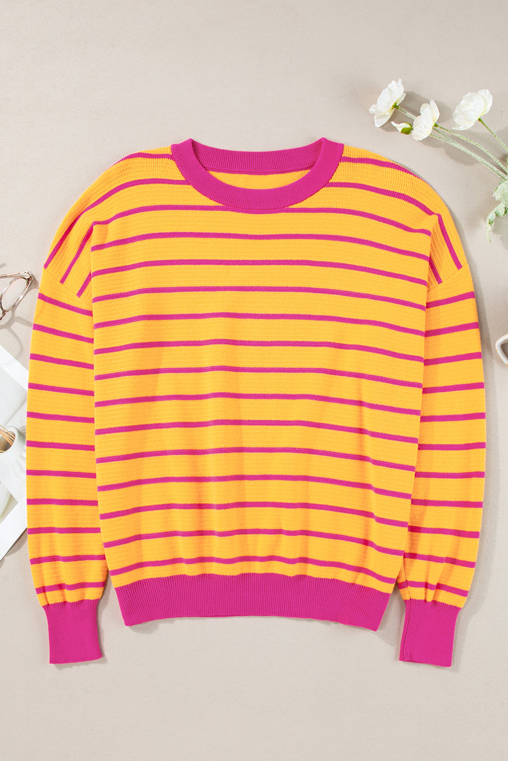 Orange Stripe Trimmed Round Neck Drop Shoulder Loose Sweater-Sweaters & Cardigans/Sweaters-[Adult]-[Female]-2022 Online Blue Zone Planet