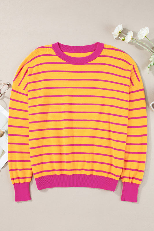 Orange Stripe Trimmed Round Neck Drop Shoulder Loose Sweater-Sweaters & Cardigans/Sweaters-[Adult]-[Female]-2022 Online Blue Zone Planet