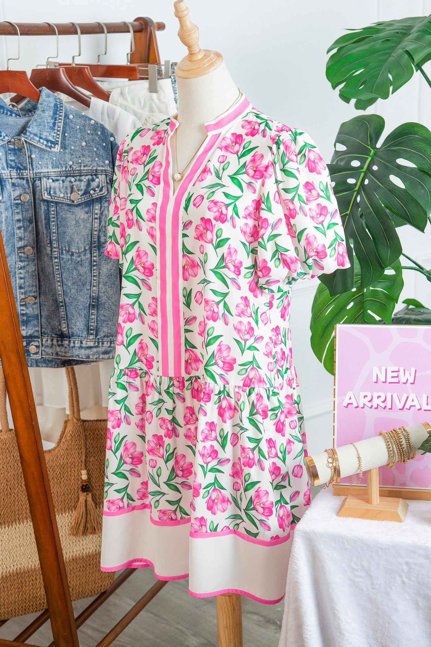 Multicolour Sweet Floral Print Striped Color Block Trim Short Dress-TOPS / DRESSES-[Adult]-[Female]-2022 Online Blue Zone Planet
