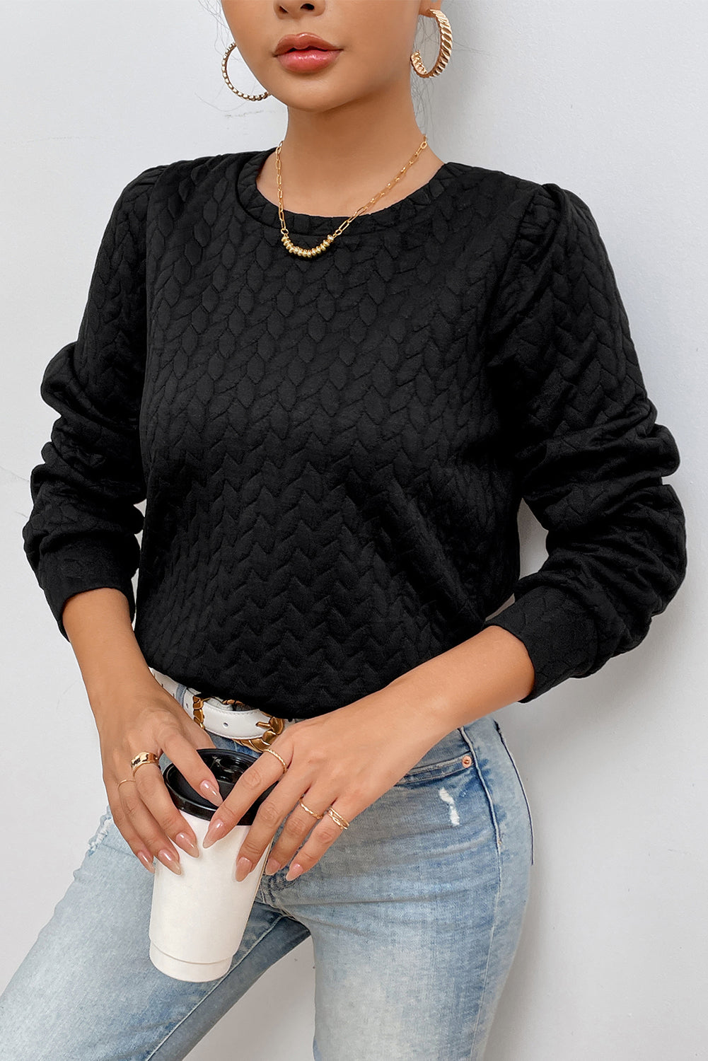 Texture Round Neck Long Sleeve Sweatshirt-TOPS / DRESSES-[Adult]-[Female]-2022 Online Blue Zone Planet