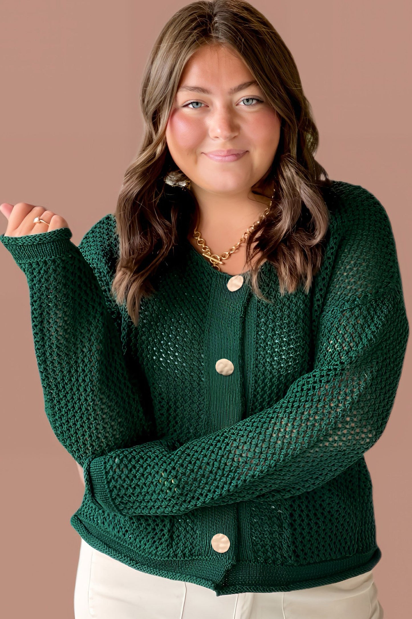 Blackish Green Plus Size Golden Accent Buttons Short Sweater Cardigan-Plus Size/Plus Size Sweaters & Cardigans-[Adult]-[Female]-2022 Online Blue Zone Planet
