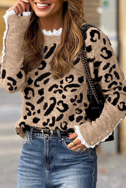 Brown Leopard Pattern Lace Ribbed Detail Button Cuffed Sweater-TOPS / DRESSES-[Adult]-[Female]-2022 Online Blue Zone Planet