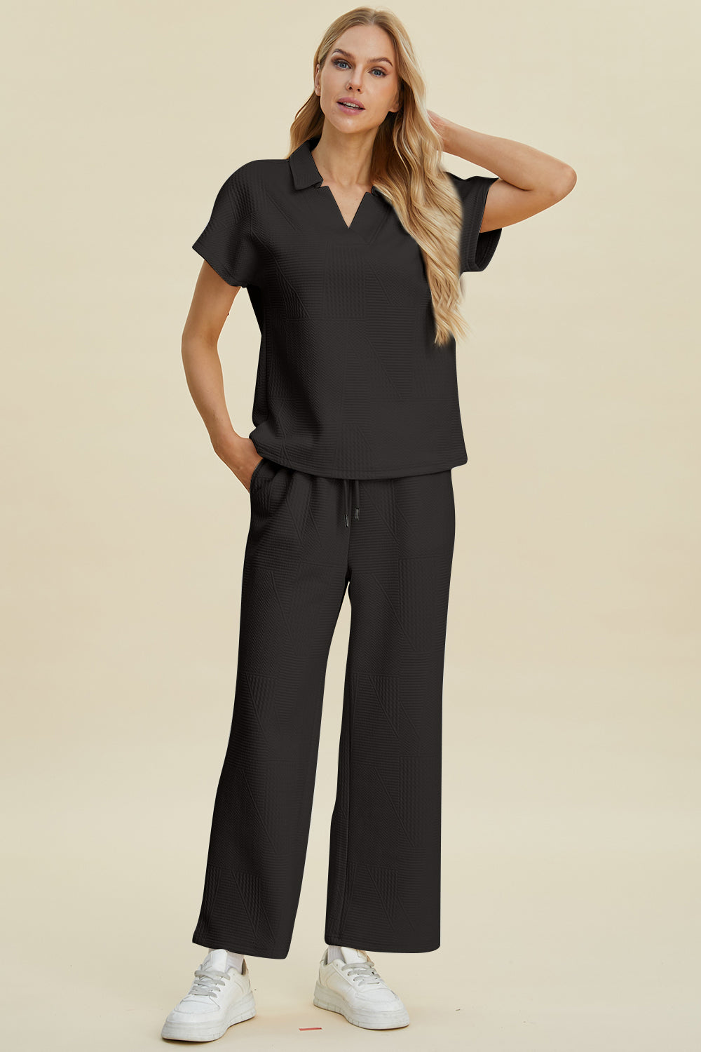 Double Take Full Size Collared Neck Short Sleeve Top and Pants Set-TOPS / DRESSES-[Adult]-[Female]-2022 Online Blue Zone Planet