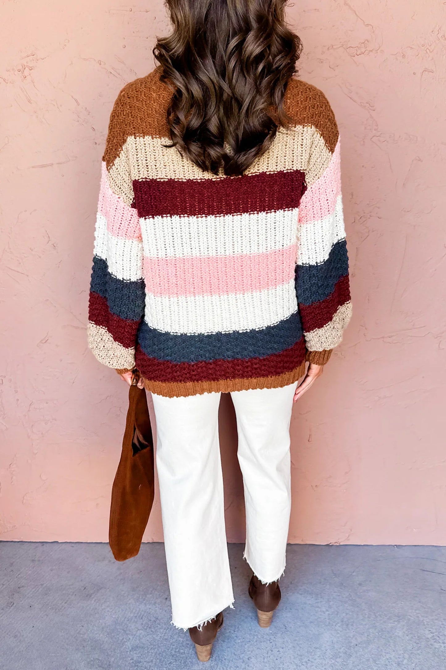 Multicolour Striped Knit Dropped Shoulder Round Neck Pullover Sweater-Sweaters & Cardigans/Sweaters-[Adult]-[Female]-2022 Online Blue Zone Planet