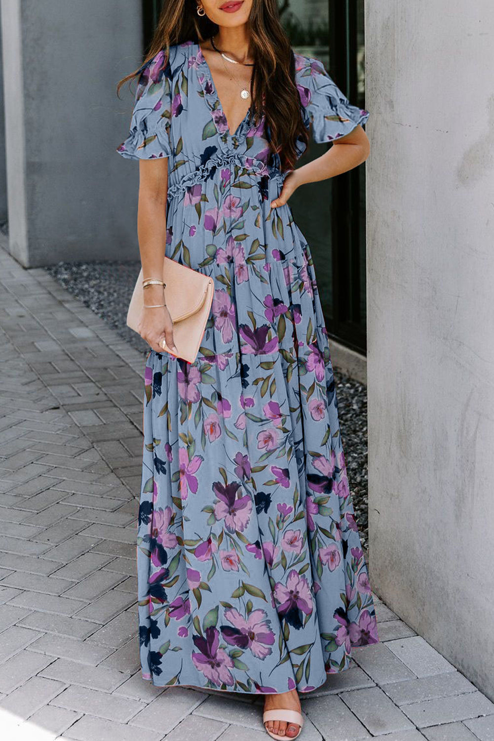 Sky Blue Fiery Floral Print Frilled V Neck Short Sleeve Maxi Dress-Dresses/Maxi Dresses-[Adult]-[Female]-Sky Blue-S-2022 Online Blue Zone Planet