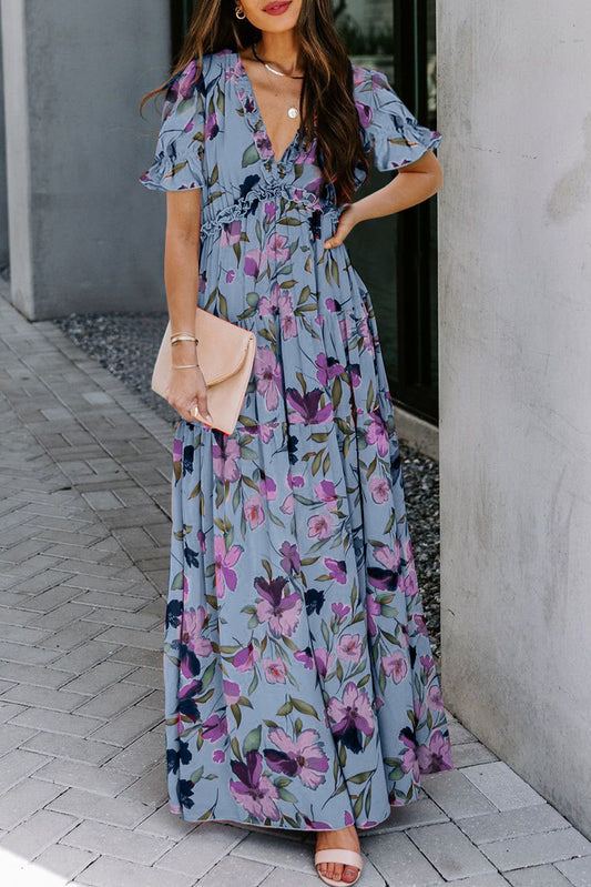 Sky Blue Fiery Floral Print Frilled V Neck Short Sleeve Maxi Dress-Dresses/Maxi Dresses-[Adult]-[Female]-Sky Blue-S-2022 Online Blue Zone Planet