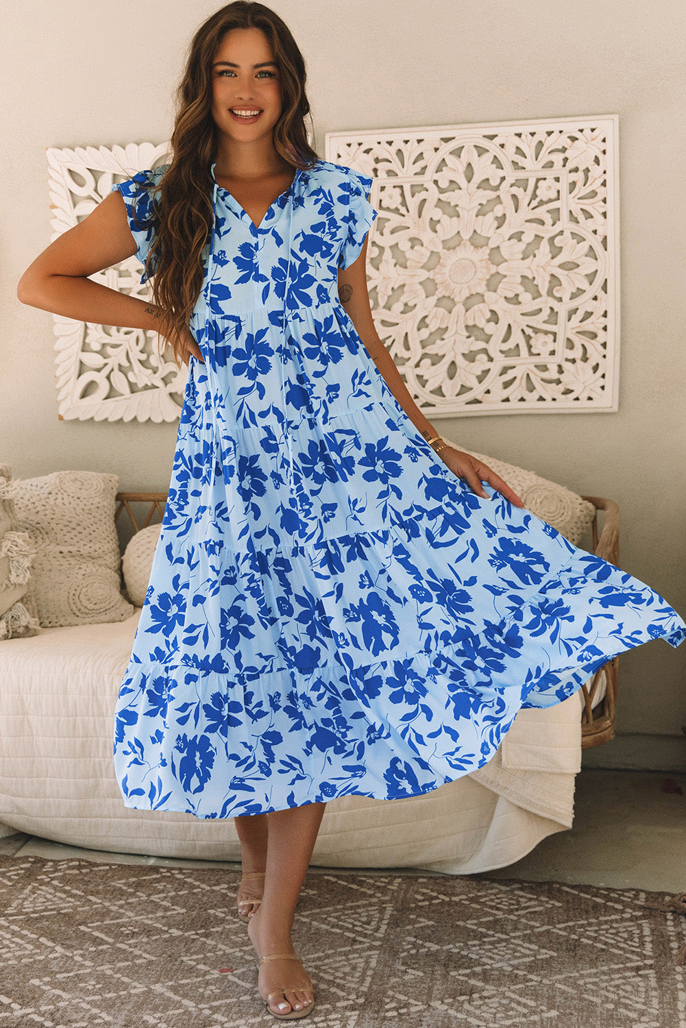 Sky Blue Floral Print Tiered Frilled Trim Flutter Sleeve Maxi Dress-Dresses/Floral Dresses-[Adult]-[Female]-Sky Blue-S-2022 Online Blue Zone Planet